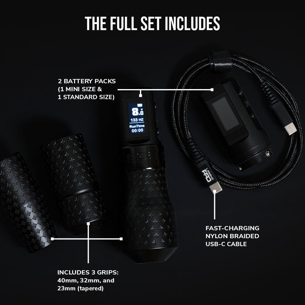 The Legend Pro Tattoo Pen - Color Packer (4.0mm) - Full Set (2 Batteries + 3 Grips)